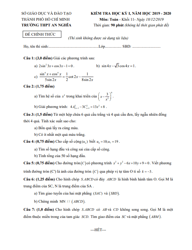 Đề thi học kì 1 Toán 11 năm 2019 2020 trường THPT An Nghĩa TP HCM