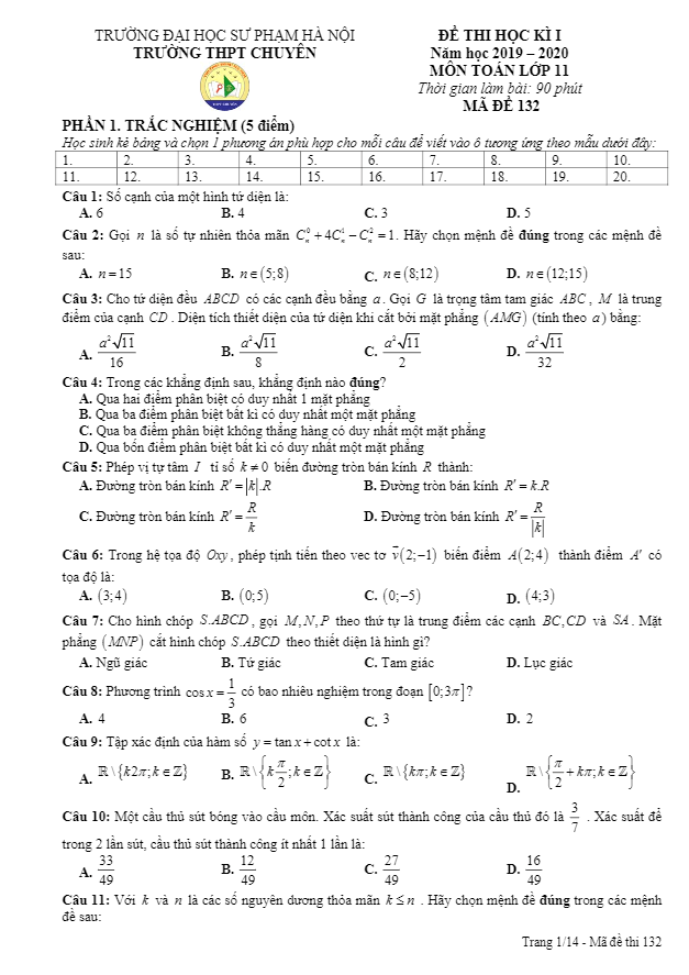 Đề thi học kì 1 Toán 11 năm 2019 2020 trường THPT chuyên ĐHSP Hà Nội