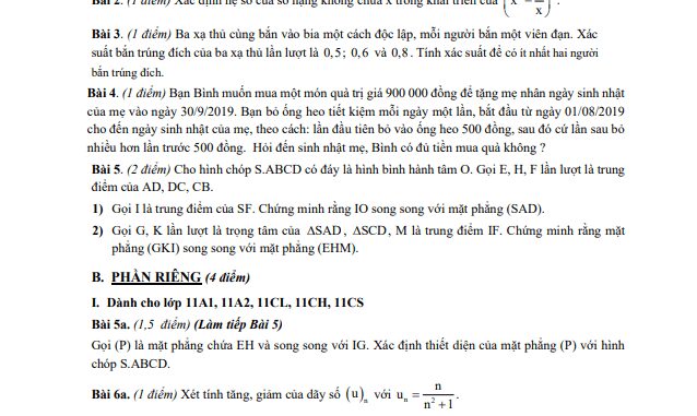 Đề thi học kì 1 Toán 11 năm 2019 2020 trường THPT chuyên Trần Đại Nghĩa TP HCM