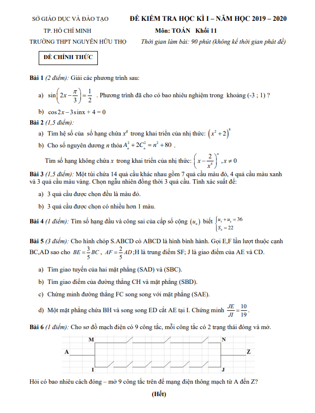 Đề thi học kì 1 Toán 11 năm 2019 2020 trường THPT Nguyễn Hữu Thọ TP HCM