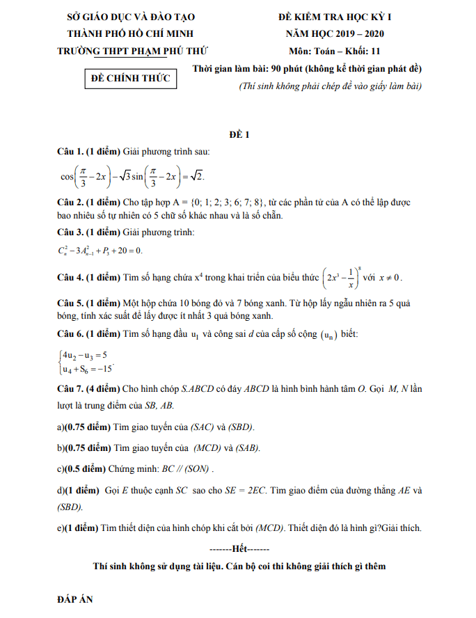 Đề thi học kì 1 Toán 11 năm 2019 2020 trường THPT Phạm Phú Thứ TP HCM