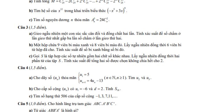 Đề thi học kì 1 Toán 11 năm 2019 2020 trường THPT Phú Hòa TP HCM