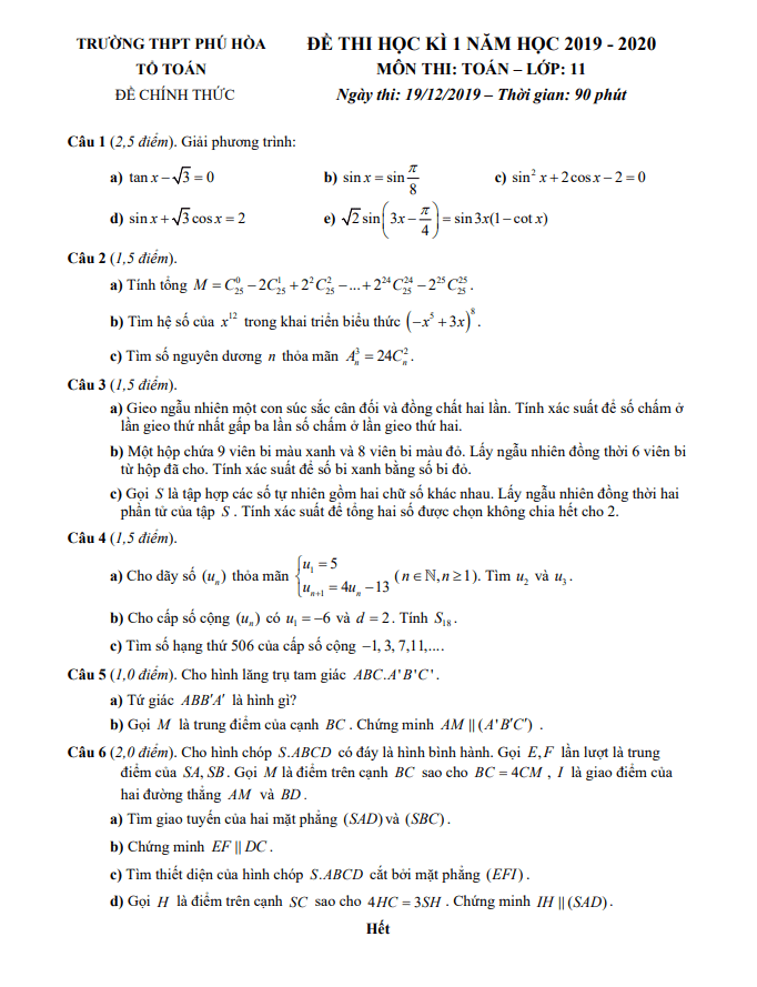 Đề thi học kì 1 Toán 11 năm 2019 2020 trường THPT Phú Hòa TP HCM
