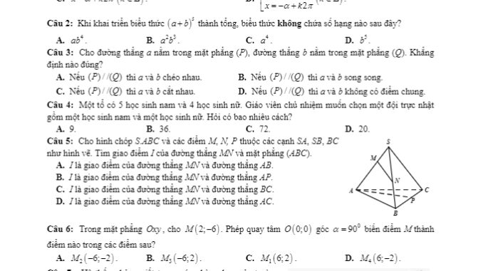 Đề thi học kì 1 Toán 11 năm 2019 2020 trường THPT Phú Quốc Kiên Giang