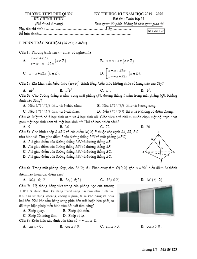 Đề thi học kì 1 Toán 11 năm 2019 2020 trường THPT Phú Quốc Kiên Giang