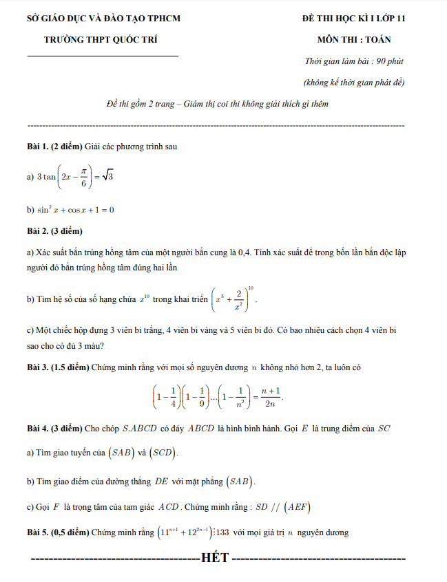 Đề thi học kì 1 Toán 11 năm 2019 2020 trường THPT Quốc Trí TP HCM