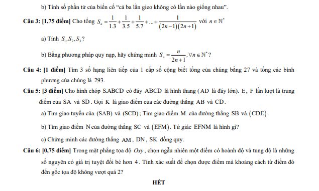 Đề thi học kì 1 Toán 11 năm 2019 2020 trường THPT Trần Khai Nguyên TP HCM