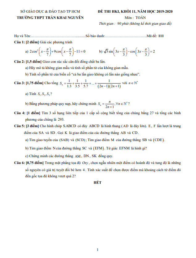 Đề thi học kì 1 Toán 11 năm 2019 2020 trường THPT Trần Khai Nguyên TP HCM