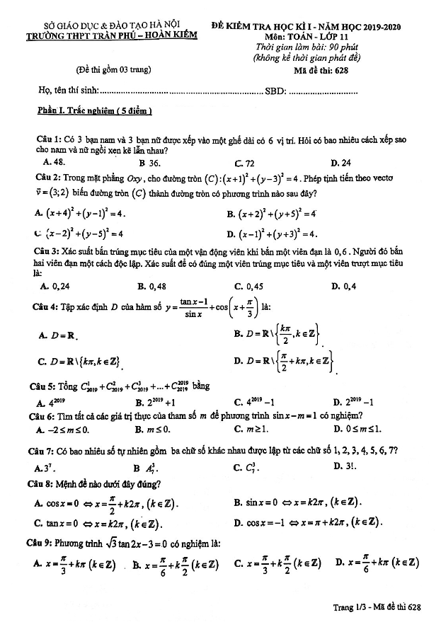 Đề thi học kì 1 Toán 11 năm 2019 2020 trường THPT Trần Phú Hà Nội
