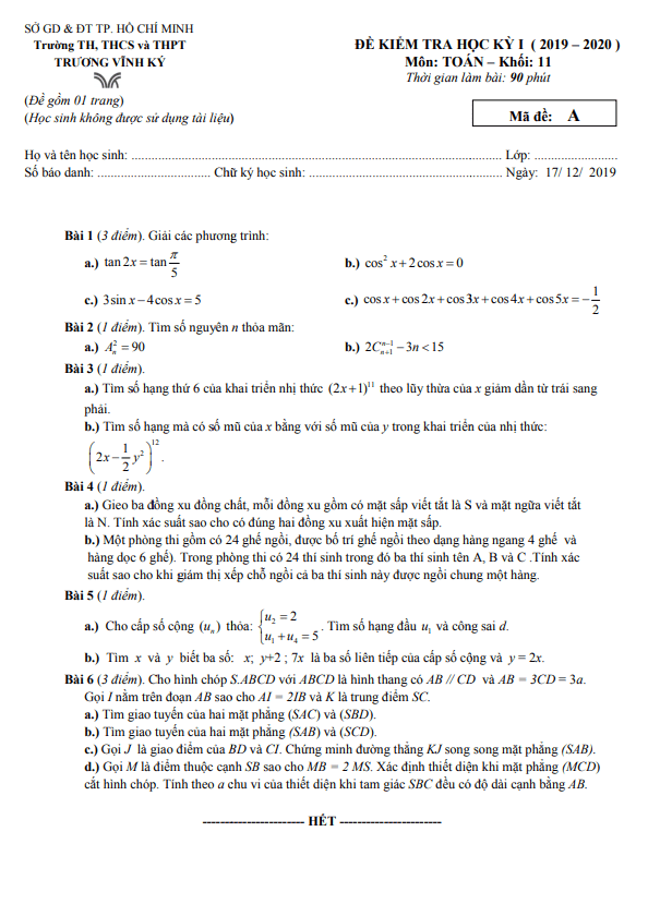 Đề thi học kì 1 Toán 11 năm 2019 2020 trường Trương Vĩnh Ký TP HCM