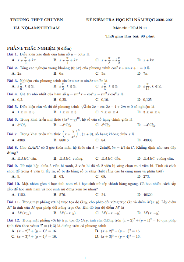 Đề thi học kì 1 Toán 11 năm 2020 2021 trường THPT chuyên Hà Nội Amsterdam