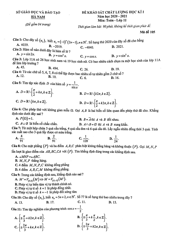 Đề thi học kì 1 Toán 11 năm học 2020 2021 sở GD&ĐT Hà Nam