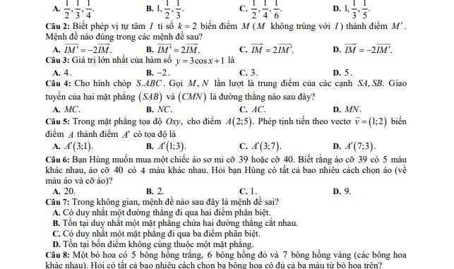 Đề thi học kì 1 Toán 11 năm học 2020 2021 sở GD&ĐT Vĩnh Phúc