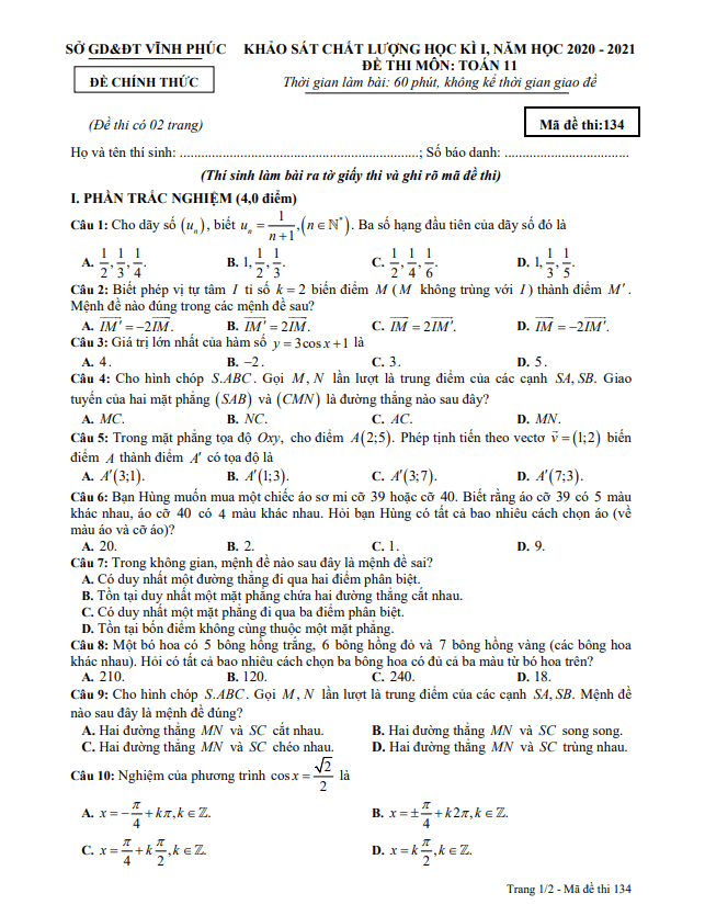 Đề thi học kì 1 Toán 11 năm học 2020 2021 sở GD&ĐT Vĩnh Phúc