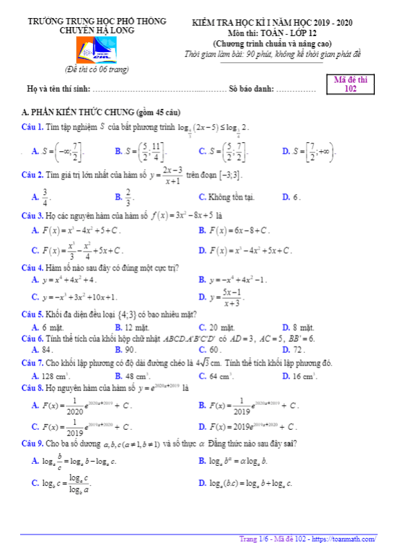 Đề thi học kì 1 Toán 12 năm 2019 2020 trường chuyên Hạ Long Quảng Ninh