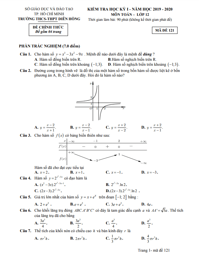 Đề thi học kì 1 Toán 12 năm 2019 2020 trường Diên Hồng TP HCM