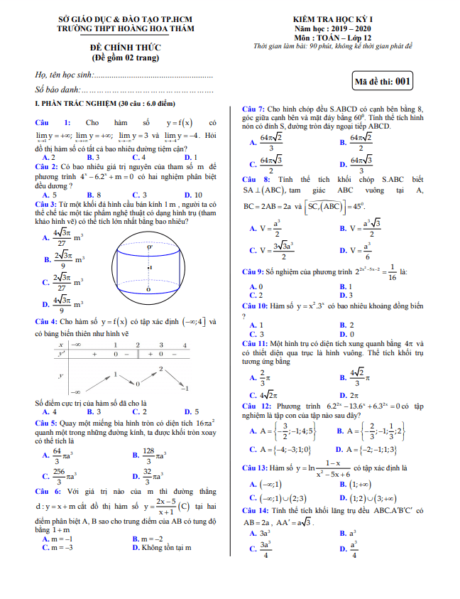 Đề thi học kì 1 Toán 12 năm 2019 2020 trường Hoàng Hoa Thám TP HCM