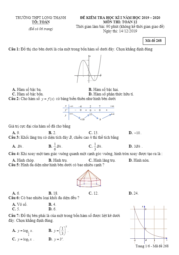 Đề thi học kì 1 Toán 12 năm 2019 2020 trường Long Thạnh Kiên Giang