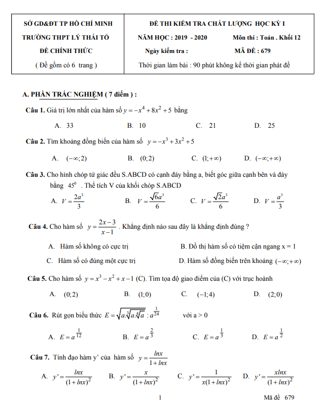 Đề thi học kì 1 Toán 12 năm 2019 2020 trường Lý Thái Tổ TP HCM