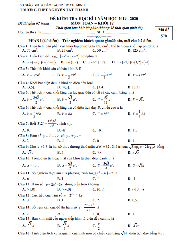 Đề thi học kì 1 Toán 12 năm 2019 2020 trường Nguyễn Tất Thành TP HCM