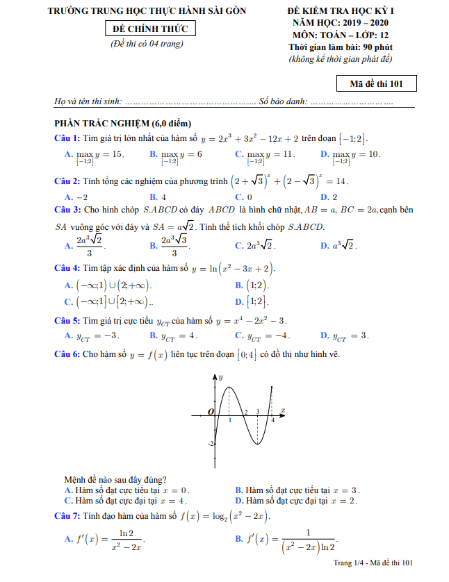 Đề thi học kì 1 Toán 12 năm 2019 2020 trường TH Thực hành Sài Gòn TP HCM