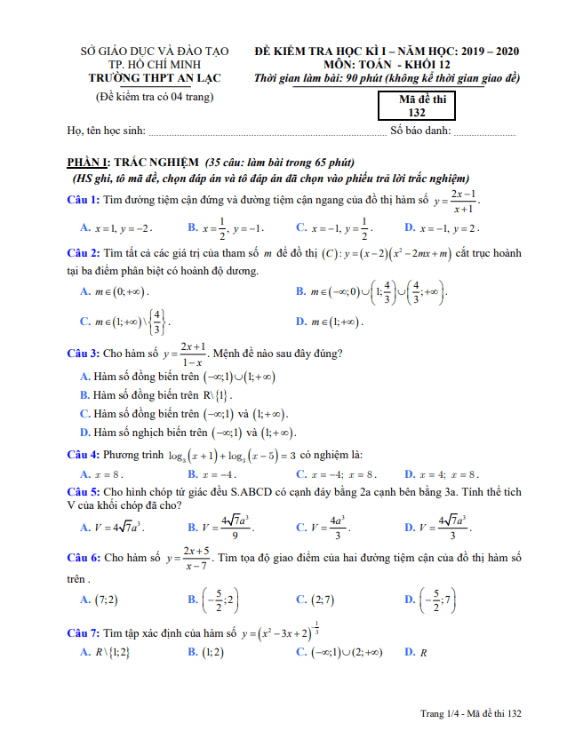 Đề thi học kì 1 Toán 12 năm 2019 2020 trường THPT An Lạc TP HCM