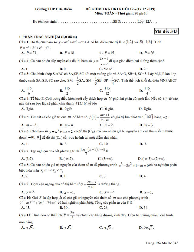 Đề thi học kì 1 Toán 12 năm 2019 2020 trường THPT Bà Điểm TP HCM