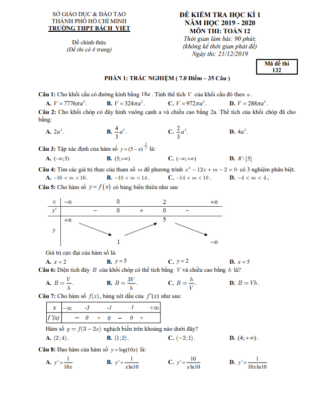 Đề thi học kì 1 Toán 12 năm 2019 2020 trường THPT Bách Việt TP HCM