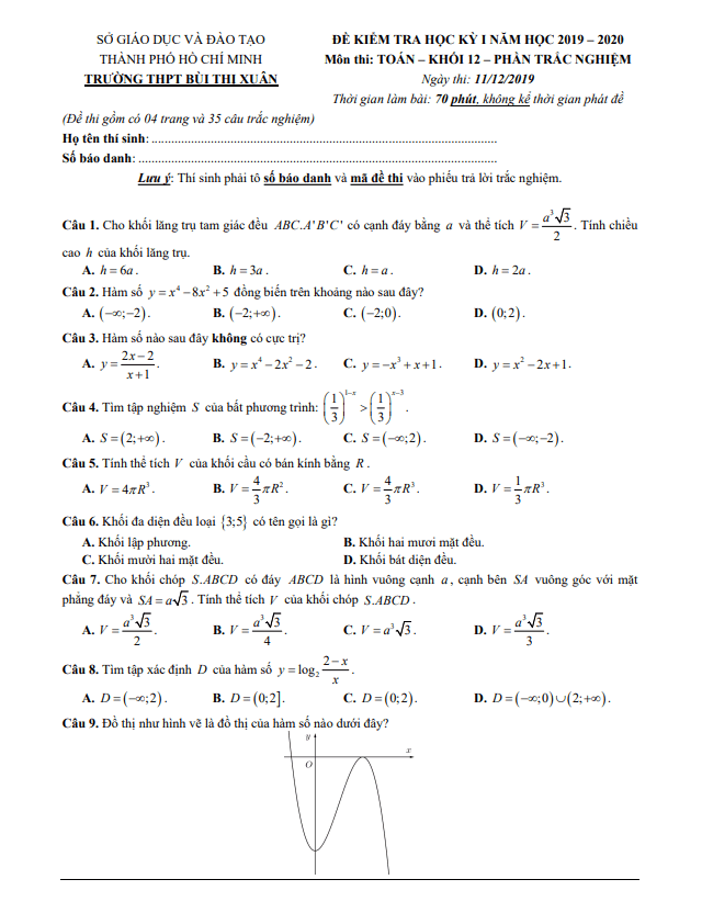 Đề thi học kì 1 Toán 12 năm 2019 2020 trường THPT Bùi Thị Xuân TP HCM
