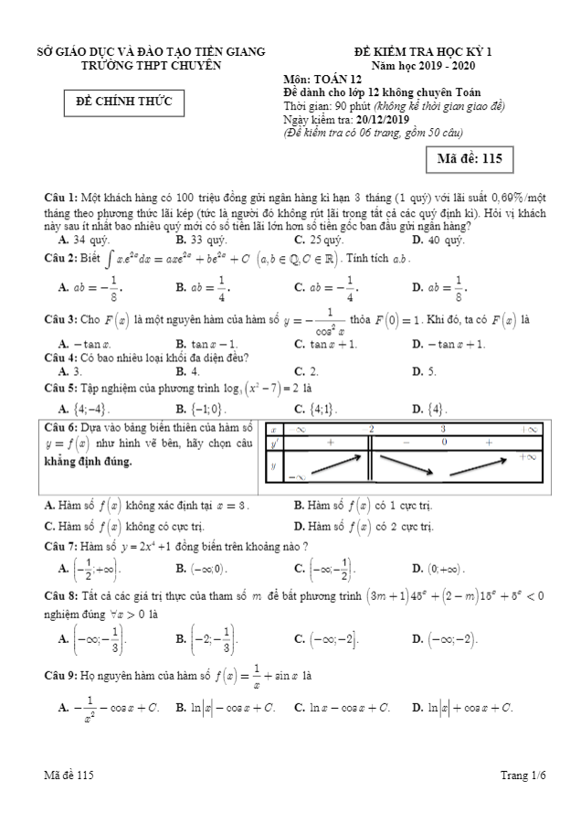 Đề thi học kì 1 Toán 12 năm 2019 2020 trường THPT chuyên Tiền Giang