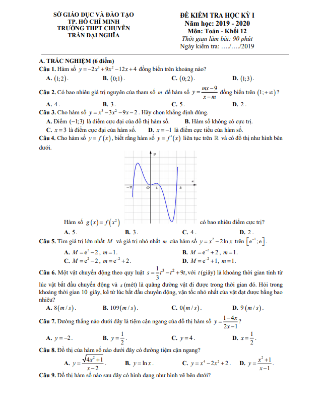 Đề thi học kì 1 Toán 12 năm 2019 2020 trường THPT chuyên Trần Đại Nghĩa TP HCM