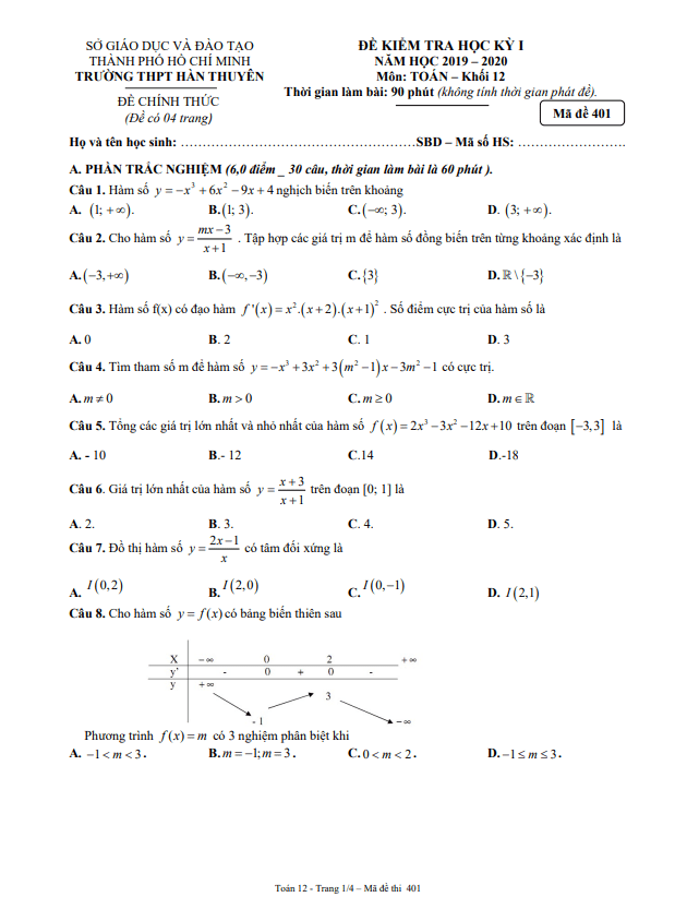 Đề thi học kì 1 Toán 12 năm 2019 2020 trường THPT Hàn Thuyên TP HCM