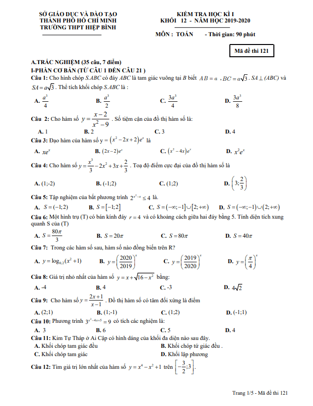 Đề thi học kì 1 Toán 12 năm 2019 2020 trường THPT Hiệp Bình TP HCM