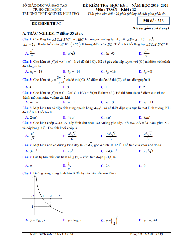 Đề thi học kì 1 Toán 12 năm 2019 2020 trường THPT Nguyễn Hữu Thọ TP HCM