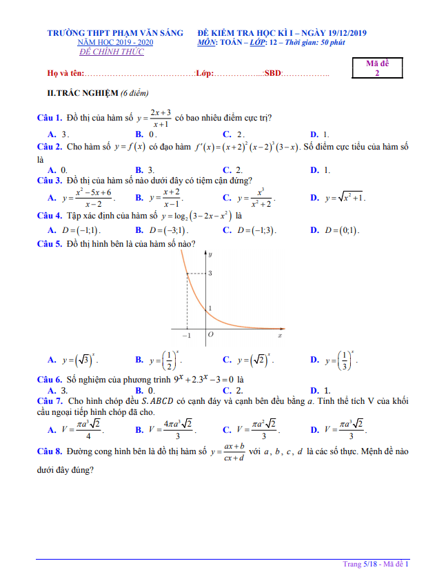 Đề thi học kì 1 Toán 12 năm 2019 2020 trường THPT Phạm Văn Sáng TP HCM