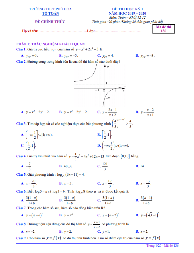 Đề thi học kì 1 Toán 12 năm 2019 2020 trường THPT Phú Hòa TP HCM