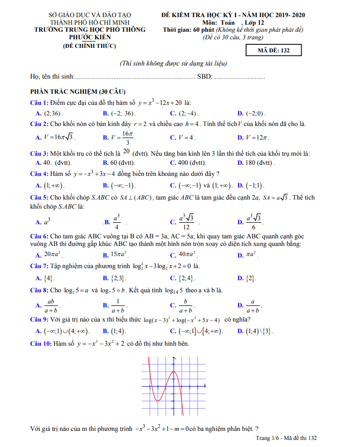 Đề thi học kì 1 Toán 12 năm 2019 2020 trường THPT Phước Kiển TP HCM
