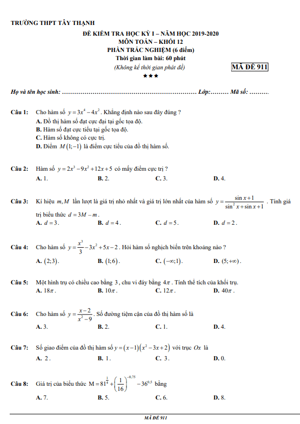 Đề thi học kì 1 Toán 12 năm 2019 2020 trường THPT Tây Thạnh TP HCM