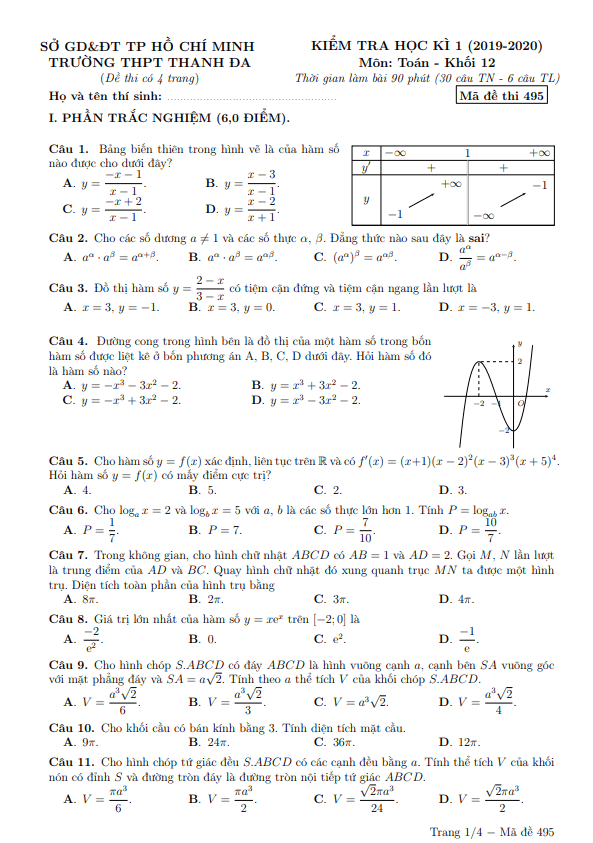 Đề thi học kì 1 Toán 12 năm 2019 2020 trường THPT Thanh Đa TP HCM