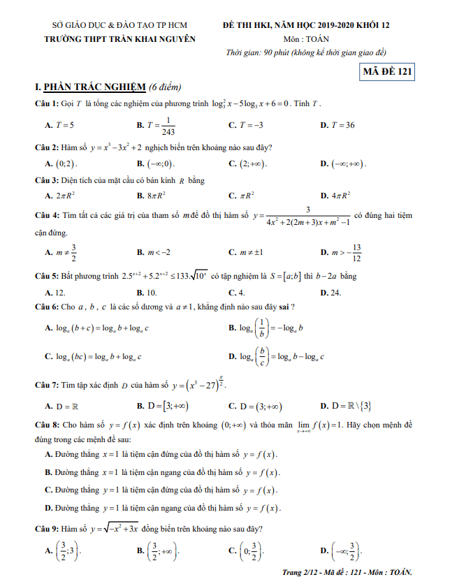 Đề thi học kì 1 Toán 12 năm 2019 2020 trường THPT Trần Khai Nguyên TP HCM