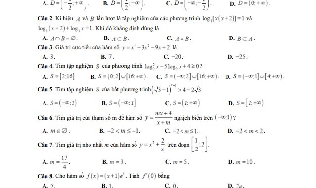 Đề thi học kì 1 Toán 12 năm 2019 2020 trường THPT Trần Văn Giàu TP HCM