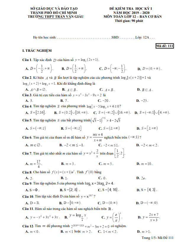 Đề thi học kì 1 Toán 12 năm 2019 2020 trường THPT Trần Văn Giàu TP HCM