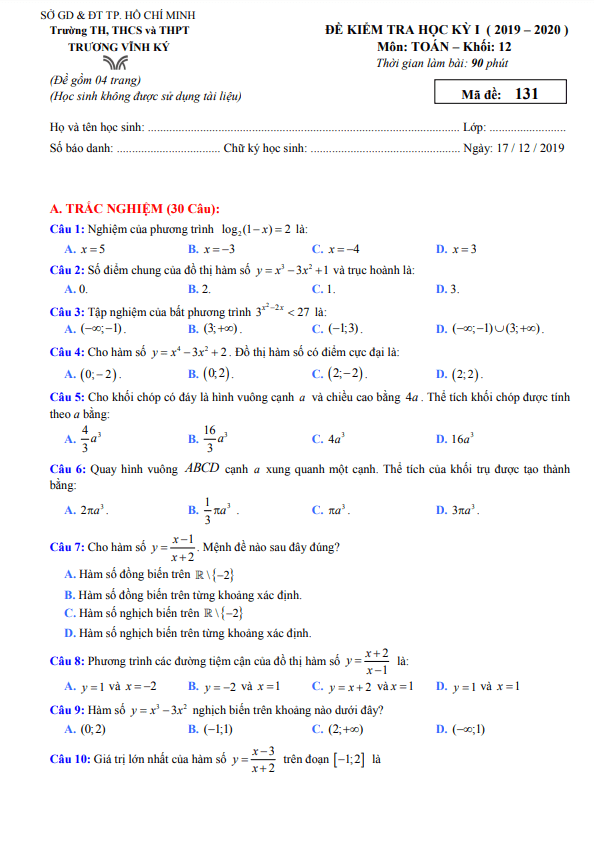 Đề thi học kì 1 Toán 12 năm 2019 2020 trường Trương Vĩnh Ký TP HCM