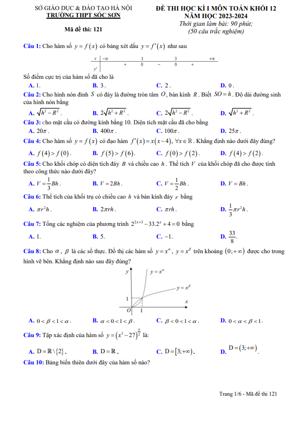 Đề thi học kì 1 Toán 12 năm 2023 2024 trường THPT Sóc Sơn Hà Nội