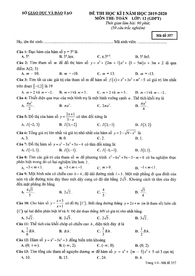 Đề thi học kì 1 Toán 12 năm học 2019 2020 sở GD và ĐT Bình Dương