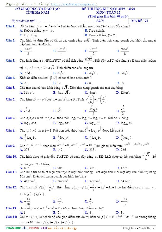 Đề thi học kì 1 Toán 12 năm học 2019 2020 sở GD&ĐT Hà Nam
