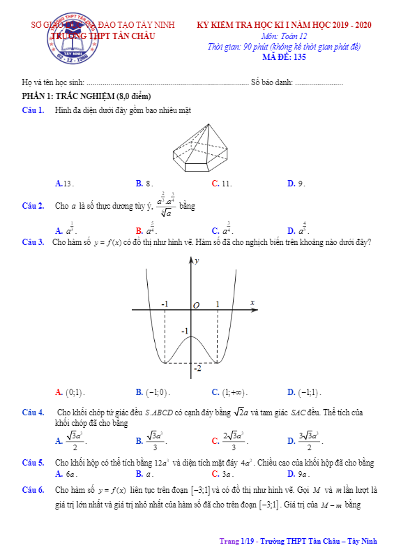 Đề thi học kì 1 Toán 12 năm học 2019 2020 sở GD&ĐT Tây Ninh