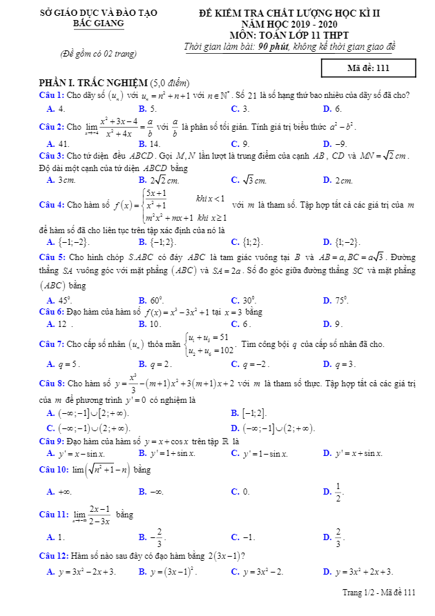 Đề thi học kì 2 môn Toán 11 THPT năm học 2019 2020 sở GD&ĐT Bắc Giang