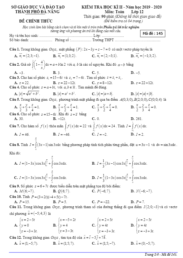 Đề thi học kì 2 môn Toán 12 năm học 2019 2020 sở GD&ĐT Đà Nẵng