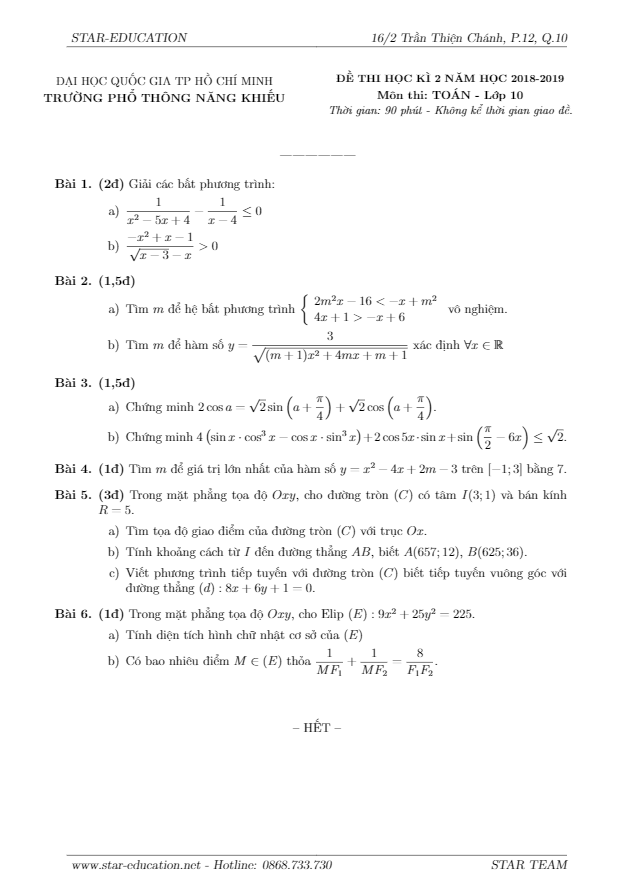 Đề thi học kì 2 Toán 10 năm 2018 2019 trường Phổ thông Năng khiếu TP HCM